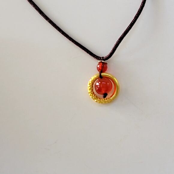 Handmade Red Bead Pendant Necklace Gold Accent Dark Brown Cord Adjustable Style - Picture 3 of 10